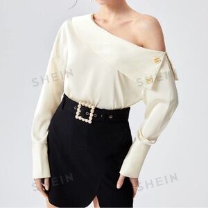 Asymmetrical Neck Button Detail Blouse